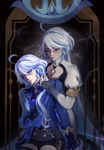 The moment right before Focalors is executed. Furina is weeping, not yet aware that she has succeeded. Focalors embraces her, detaching Furina’s hair extensions, now that she no longer needs to pretend to be an archon.