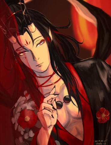 Vox Akuma - yes, I’ve finally drawn a Luxiem member not named Shu. He wears his new outfit, lifting a sheer red curtain in a room lit by a lantern in the background. His outfit displays his chest, his abs, and my inability to draw male torsos.