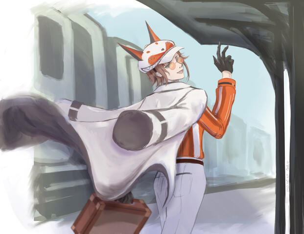 Mysta walking alongside a train, preparing for his journey to a new city :’)