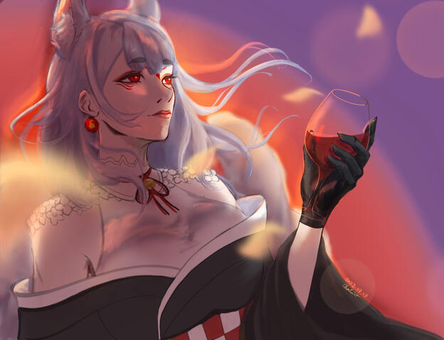 Nina Kosaka in front of a setting sun, holding a glass of wine. She gazes off into the distance with a bittersweet expression, reminiscing about the past but also looking forward to the new day.