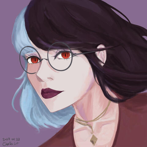 Girl with half blue half black hair wearing a red shirt and a gold necklace.