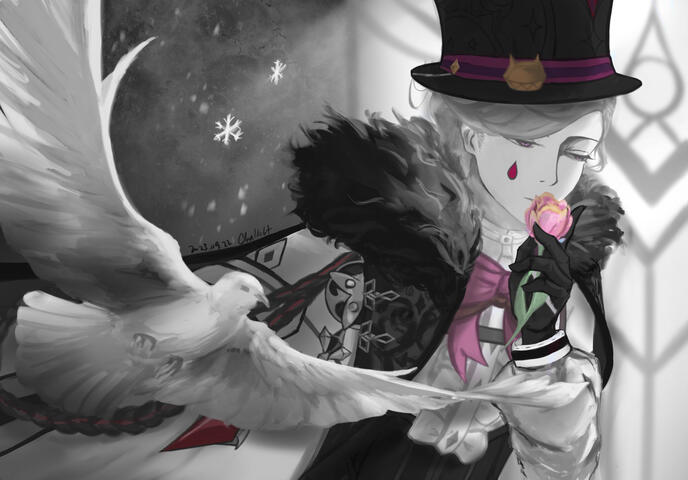 Lyney holding a rainbow rose. He dons his Father’s harbinger coat and stands in front of a window. A dove flies in front.