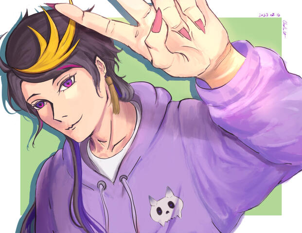 Shu wearing a purple hoodie, making a peace sign because he’s having a nice peaceful break and I am peacefully catching up with vods and not missing him at all Copium