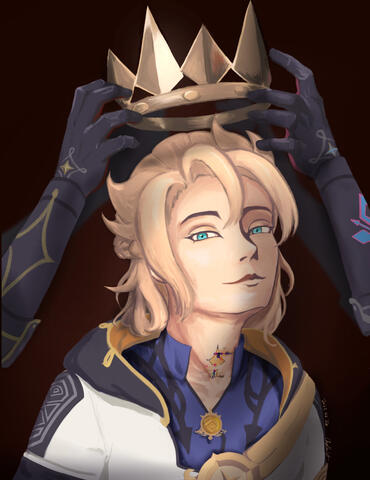 Someone resembling Albedo in the center, about to be crowned. Two pairs of hands wearing gloves similar to Albedo's reach for the crown. It's unclear whether they are placing the crown or attempting to seize it.