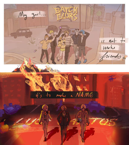 There are two scenes, one over the other. The top one has the first six Batchelors grouped together hanging out, their logo on a wall behind them. The lower scene has only 3 of the six, but each carry a memento from the 3 that are not there. Luca Santos's