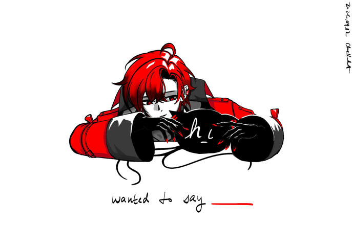 Flayon leaning on white table in white void background. He holds onto a roon whose eyes have shifted to say the word "hi". The caption below them reads "wanted to say ___(blank)"
