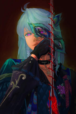 Masquerade outfit Octavio holding his mask off to the side so it covers only one eye. A tear splits the page from top to bottom, going through the center of the mask. Red thread stitches the page together, but it has come loose at the bottom, revealing a h