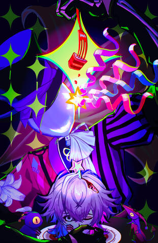 Balloon head Bettel holds a fork up with a chunk of cake. The crumbs fall into a star from which confetti is coming out of. Continuing down, the cake turns out to be his head. Phantom has also taken a chunk of the cake, while a bettelion looks up, watching