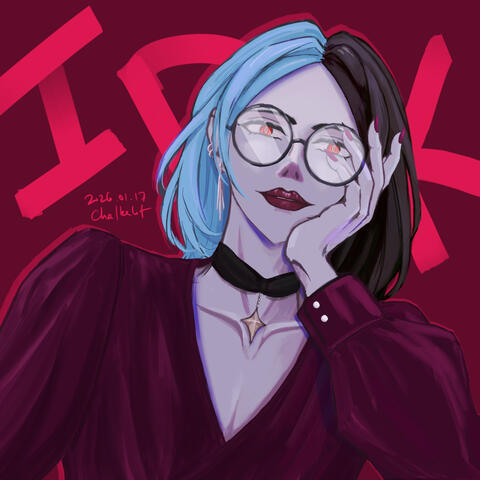 Character with half blue and half black bobbed hair and round glasses propping their head up on their hand. Bg is just text saying idk bc I couldn’t think of a background