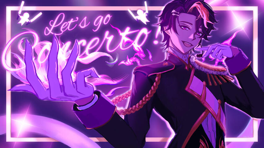 Shu Yamino in his nijifes concerto fit (as best as I could see), one hand holding his in ear mic, the other holding his fire out. The text behind the fire says "Let's go Concerto". Two katashiro-shaped yaminion float near the text, waving lightsticks.