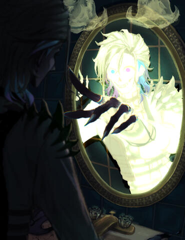 Bettel in a cape-less version of his second outfit looking into a mirror. Except the reflection in the mirror is quite a bit brighter, ghostlier, and more skeletal than Bettel and looks to be reaching out towards “real world” Bettel.