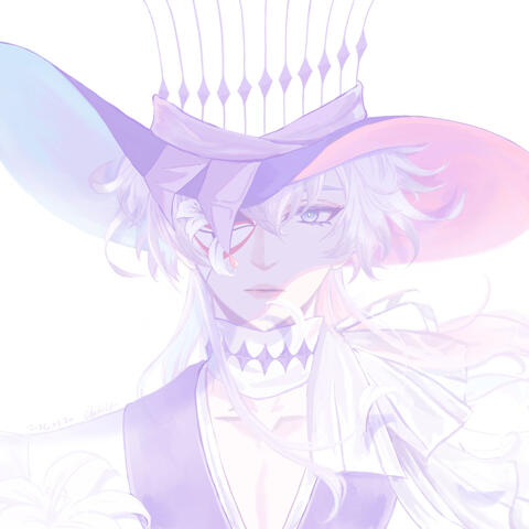 Bettel in a light pastel version of his first outfit. He's wearing his mask and staring straight at the camera. A light wind blows his hair to the right, along with the lily petals wilting out of his mask