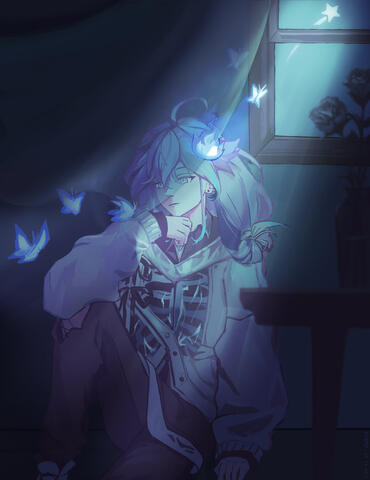 Rio sitting in front of a window. Butterflies fly in front of him, up out of the window. A star is at the end of the butterflies' path. A table with a vase of a few roses is to the right of the foreground