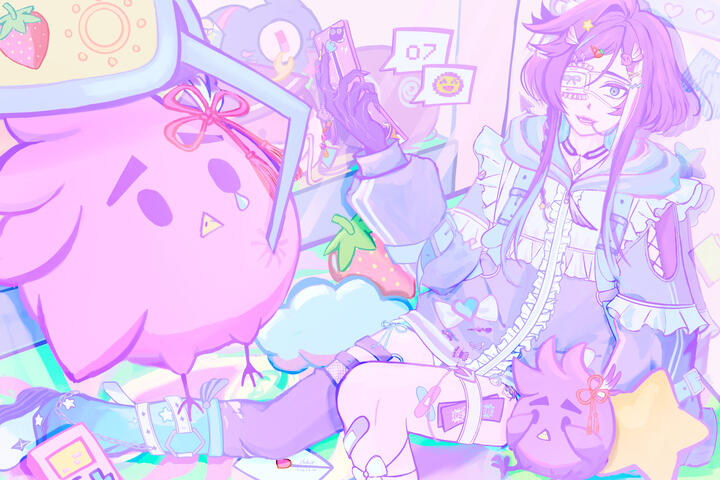 Banzoin Hakka in his latest cutest outfit in a crane game box. An unlucky hakkito is getting lifted by the claw as Hakka and a luckier hakkito looks on. The other vanguard mascots are in a separate glass box watching the show as well.