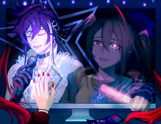 A monitor shows someone on the screen, singing into a mic. The nearby ticket suggests it is a Banzoin Hakka performance. Although he's alone on stage, he shares the screen with Elizabeth Rose Bloodflame, her enraptured expression reflected onto the monitor