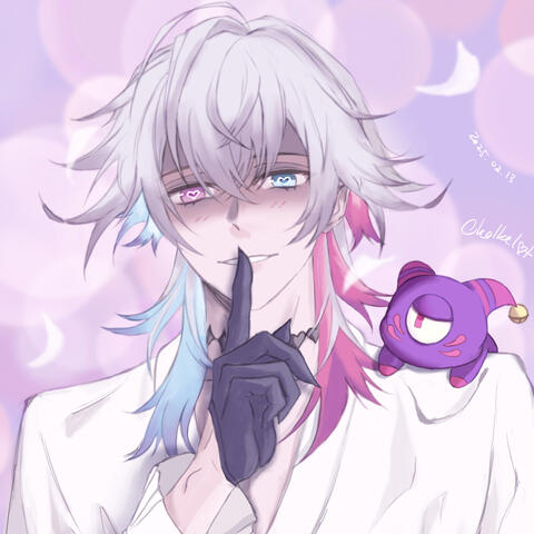 Bare minimum Gavis Bettel (no jacket or hat) with heart eyes, holding his index finger up to his lips. Can't tell if to look cool or if about to pick his nose. Phantom sits on his shoulder, looking up judgmentally.
