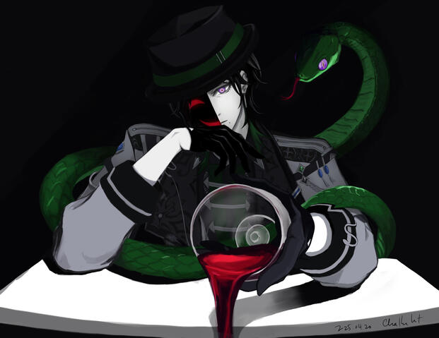Zeal Ginjoka at a counter, offering the viewer some red wine purportedly. The wine is spilling out of the glass, an accident perhaps? Half of Zeal’s face is obscured by a mask showing half of a grinning glowing face. Zeal himself has a more stoic expressio