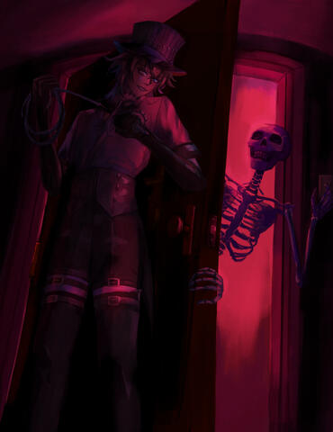 Jerry peeks through a slightly ajar door, his hand reaching out to turn on the light. Bettel stands behind that door, holding a whip, ready to attack.