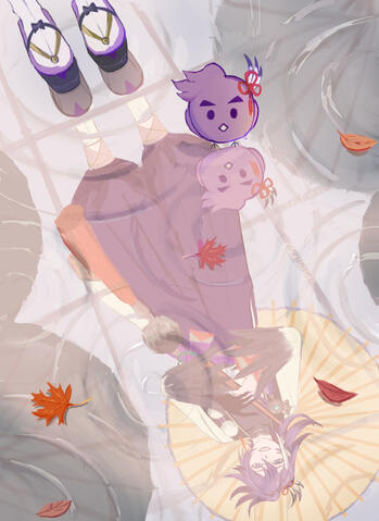 Hakka in his first outfit stands in the top left. A Hakkito stands slightly to his right. They both look down into their reflections in the water. In the reflection, we see that Hakka holds a yellow umbrella, smiling at the Hakkito.