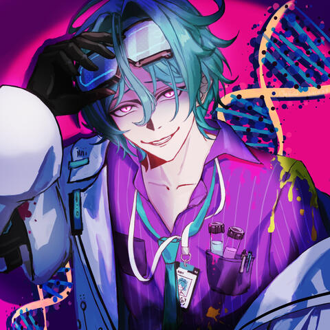 Elias holding up his goggles, grinning a bit too much. He’s just happy to see you. There’s a possibly not accurate dna behind him bc I needed something for the composition and didn’t want to figure out a background