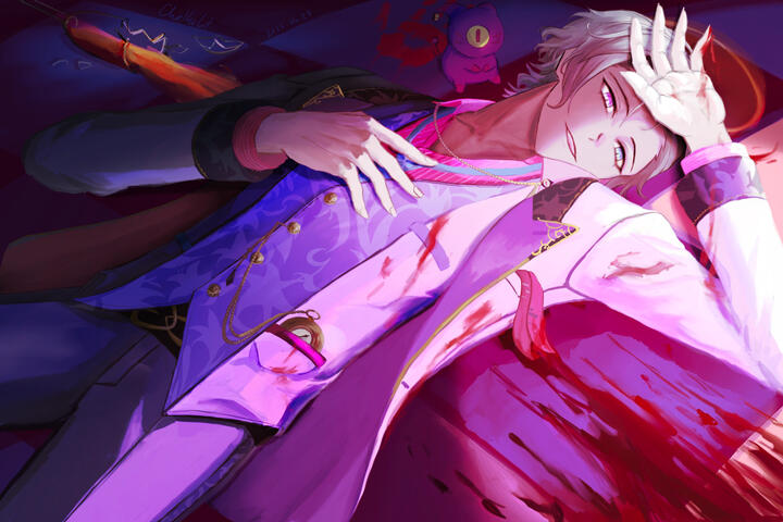 Gavis Bettel lies dramatically on a tile floor, one hand on his chest, another on his forehead. He wears a white suit, which unfortunately stains very obviously. But it's not as bad as the floor. Phantom is being a dear and covering up some of the mess, bu