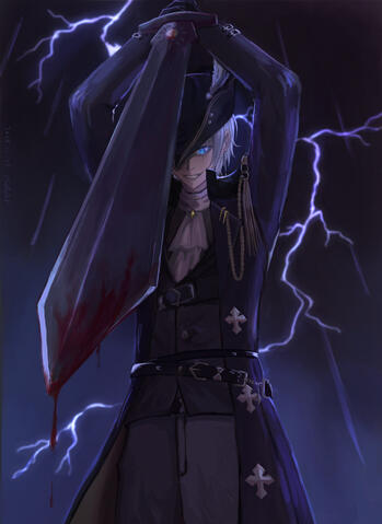 Kaelix stands in front of a lightning bolt. He holds a sword down as if to strike, even though there is already blood dripping off the tip of the blade.