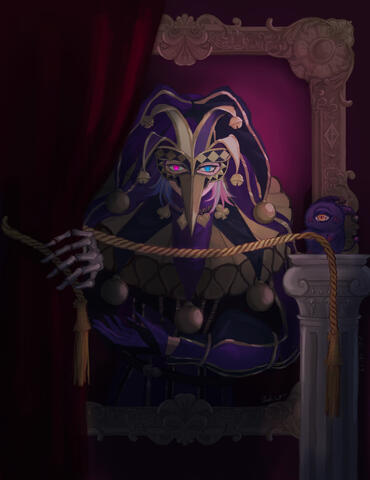 A portrait of Gavis Bettel in his newest jester outfit, partially covered by a dark red curtain. He bows slightly, his expression masked, his eyes focused on you. To the right, Phantom pulls on the rope, trying to close the curtain. To the left, a skeletal
