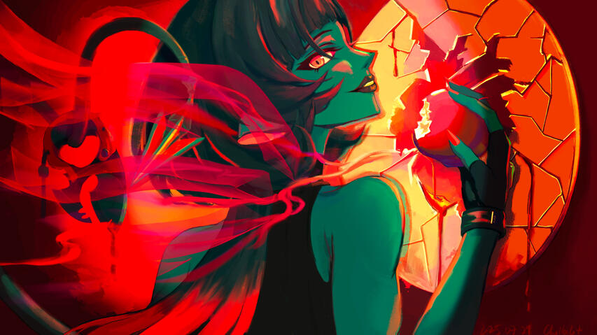 Jane Doe standing next to a mirror, smoke trailing out from the mirror and flowing behind her. She holds a bitten apple in front of the cracked mirror. The cracks in the mirror vaguely resemble a human heart. Her tail holds one of her knives behind her.