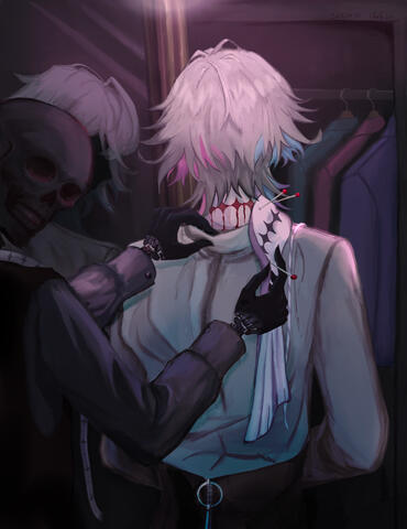 Gavis Bettel faces away. You can see his neck tattoos and what might be blood, trickling down. Jerry stands behind him, tailoring his outfit, seemingly working on his scarf. The scarf is already pinned twice and Jerry holds a third pin. At the back of the