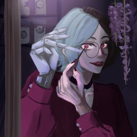 Character with half blue and half black bobbed hair and round glasses looking in a mirror, knife coming out of one finger, the other hand holding a screw driver close to their eye. Loosely referencing @ trixparix’s eyeliner knife pic