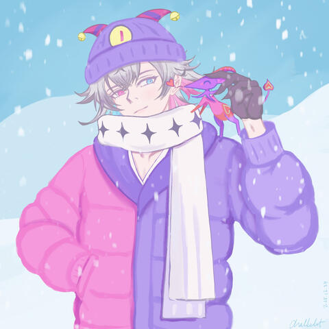 Gavis Bettel in a puffy winter coat and a phantom-hat on a snowy day. A bettelion is on his shoulder trying to give him a kiss with their nonexistent mouth. Bettel tilts his head away from the kiss but still reaches up to pat their head