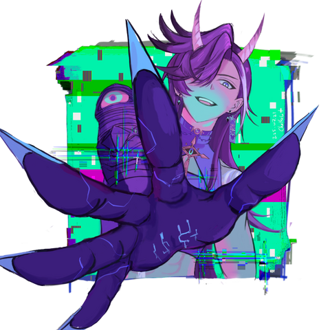 Hakka in his third outfit (with the horns), reaching out towards you. The background is glitchy, hence the title