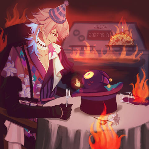 Gavis Bettel sits at a table, fork in hand, staring down Phantom. Phantom sits in Bettel’s top hat and offers a small flame. The source of the flame is unclear, since there are a lot of flames in the room. Of notable mention is the one in the oven in the b