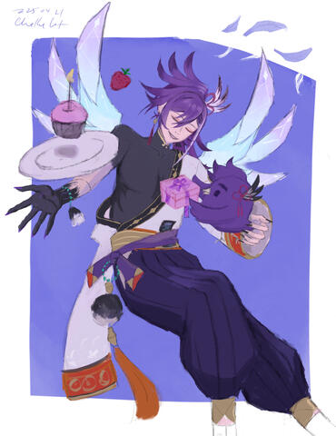 Banzoin Hakka in his first outfit. He tries to catch a cupcake and strawberry in one hand, a gift-bearing Hakkito in the other.