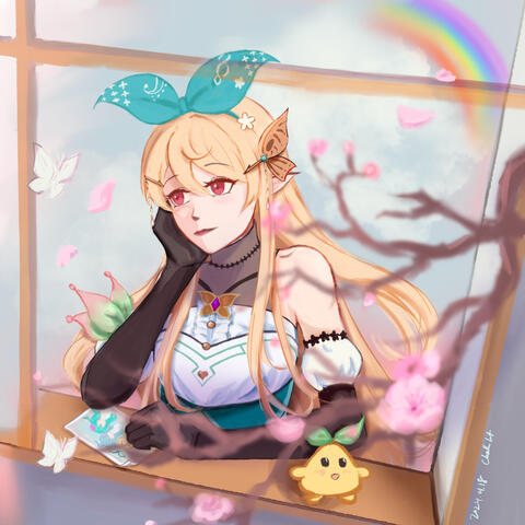 Pomu at a windowsill, looking out with a bittersweet expression, a photo of Lazulight underneath her hand. A Pomudachi sits next to her, oblivious and excited at the lovely sight outside. I’m trying to be oblivious because I still have work and it’s 5am an