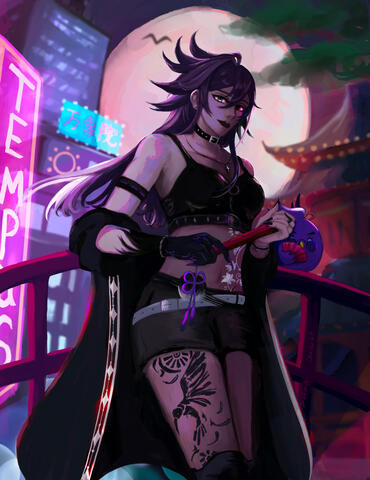 While taking a night time stroll, you see this pretty lady on the bridge with her bird familiar, wyd. If you look closer, her outfit seems to semi resemble Banzoin Hakka’s second outfit. And maybe that bird is a bit Hakkito shaped. But let’s not stare at s