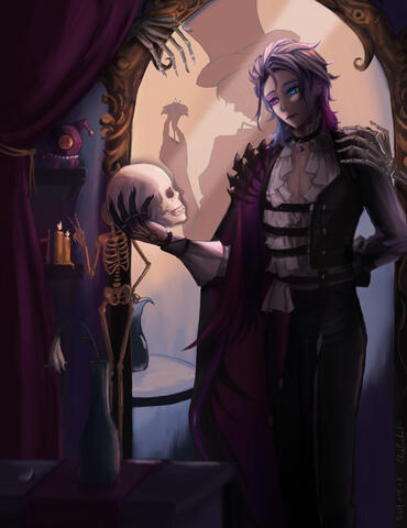 Gavis Bettel looking down at a skull, referencing popular Hamlet imagery. He wears his new outfit, but his old jester outfit and hat show in the reflection. Phantom watches him from the back of the room. A drooping lily occupies the foreground, in oppositi