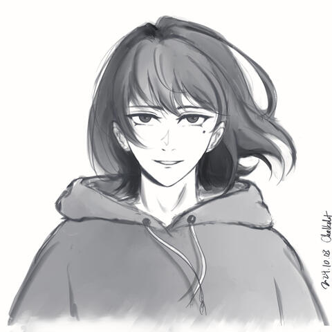 Han Sooyoung from orv. Greyscale drawing on plain white background. She’s wearing her hoodie.