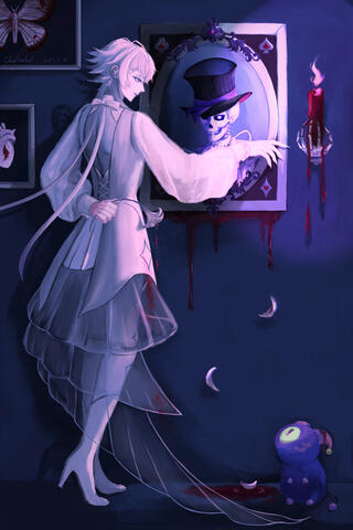 Gavis Bettel dresses in an all white outfit and stands in front of a portrait of Jerry. A taxidermied moth and heart also sits framed on the wall. Jerry dons the iconic jester hat, their smile somewhat eerie thanks to the candle nearby. The candle sits in