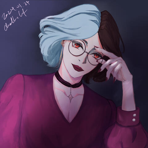 Nameless Oc with half blue half black hair wearing a uh mauve (?) shirt