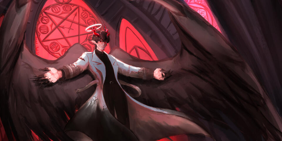 Kim Dokja in demon king form, arms widespread alongside his new wings.