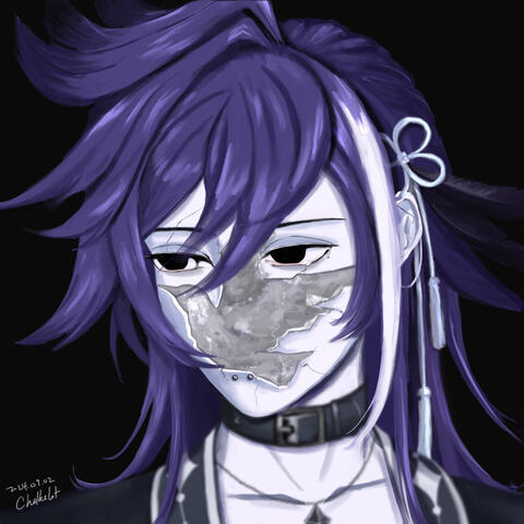 Banzoin Hakka’s second outfit mimicking the NewDad’s album cover for MADRA. His face is cracked in the shape of a bird, revealing something unexpected underneath.