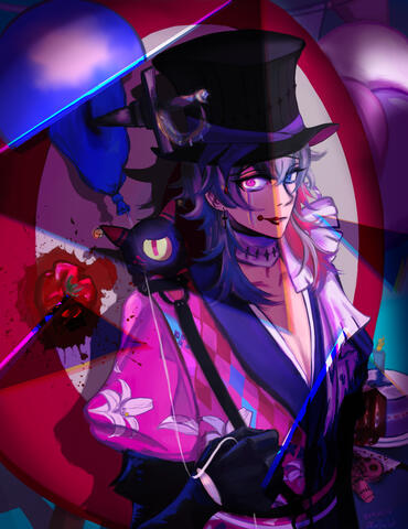 Gavin Blorbo with their buddy Phantom on their shoulder, standing in front of a target board, a thrown tomato just barely missing the target. There’s a cake and some balloons, but something strange seems to be going on. Shards of shadows reveal an alternat