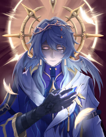 Sunday with his right hand to his chest, over his brooch. His eyes are closed, but with a trick of the light, sometimes they seem to open. His halo glows behind him, a gilt crown of thorns with ornamental drops of blood sits on his head. His head is bowed