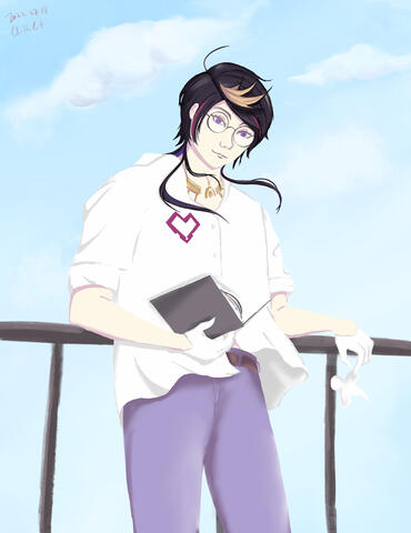 Nerdge Shu reading a book while leaning against rooftop railing
