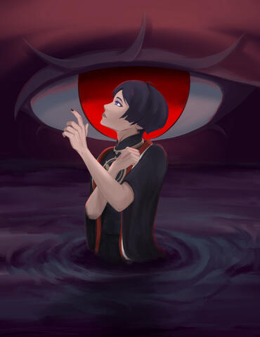 Scaramouche in a simplified version of his Balladeer outfit without the hat. He’s standing waist deep in water. Behind him is a large red eye. Why red? Because I like red. You can pretend it’s Dottore or an evil archon or something.
